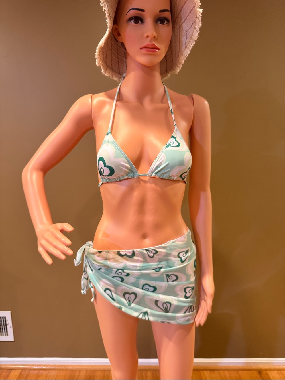 Women’s Mint Green Floral Triangle Bikini 3 piece Set with Sarong